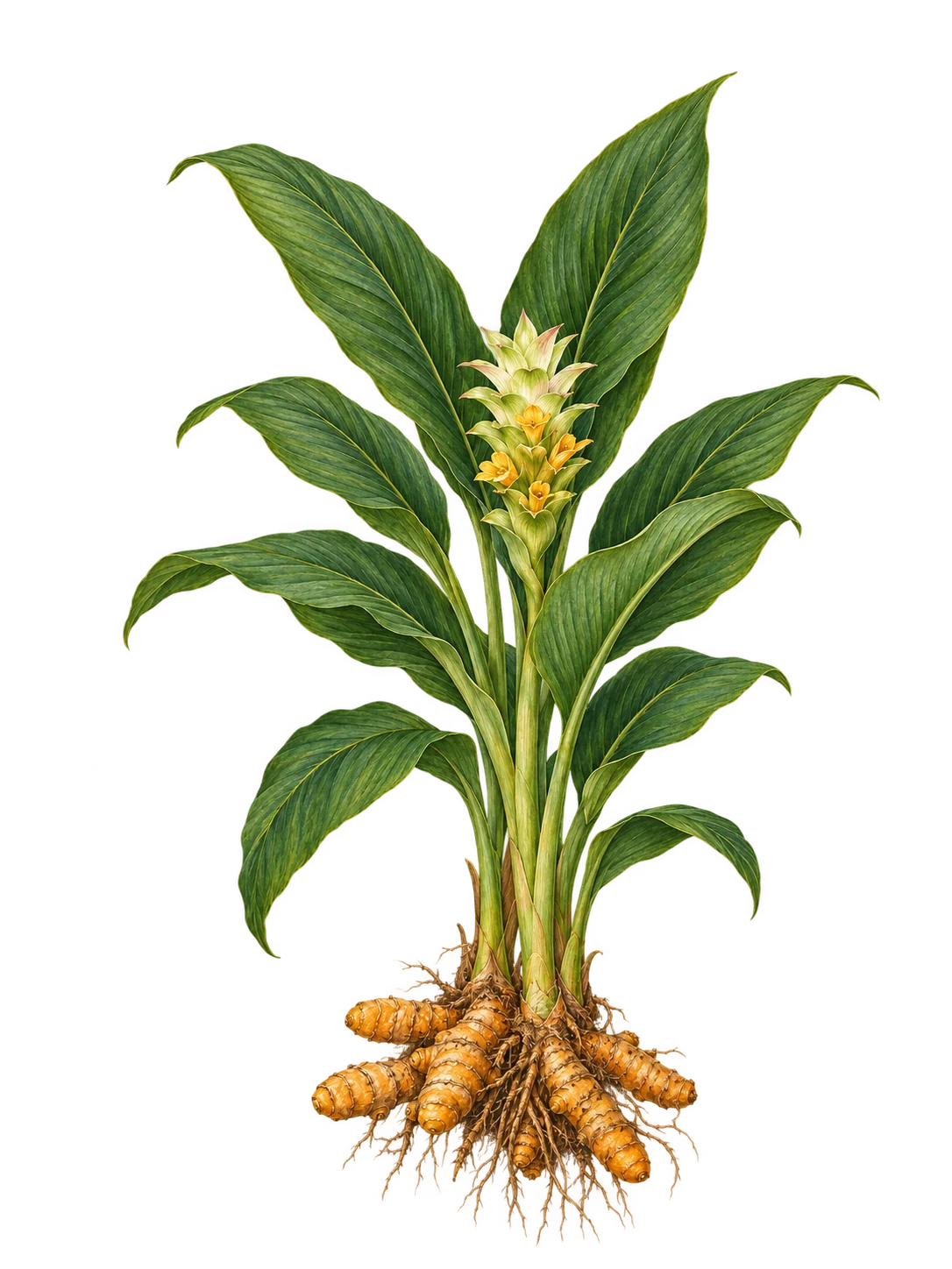 Complete botanical illustration of a turmeric plant, from its green leaf tips and pale flower to golden rhizomes and fine roots